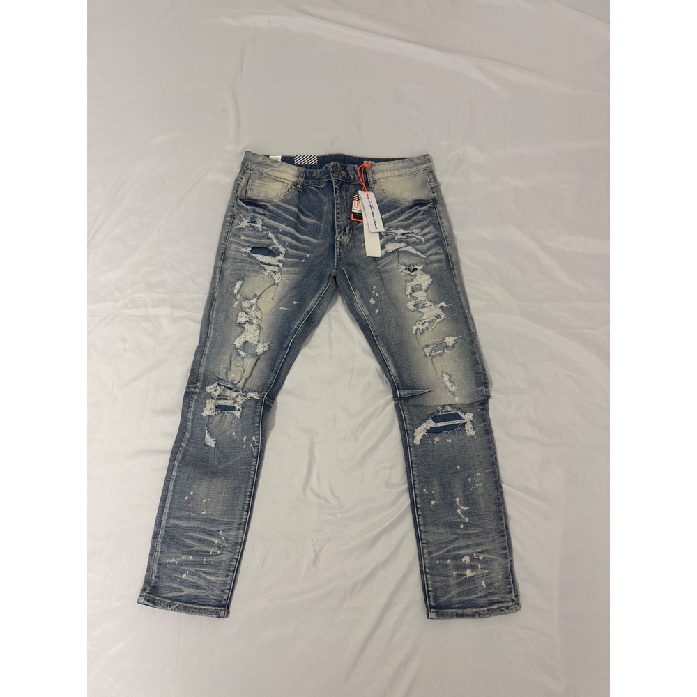 Smoke Rise Mens Super Stretch Distressed Rip and Repair Blue Jeans 38x32 NEW